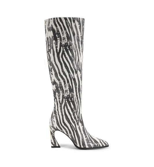 Zebra-striped knee-high boot on a white background