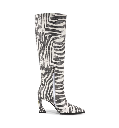 Zebra-patterned knee-high boot on a white background