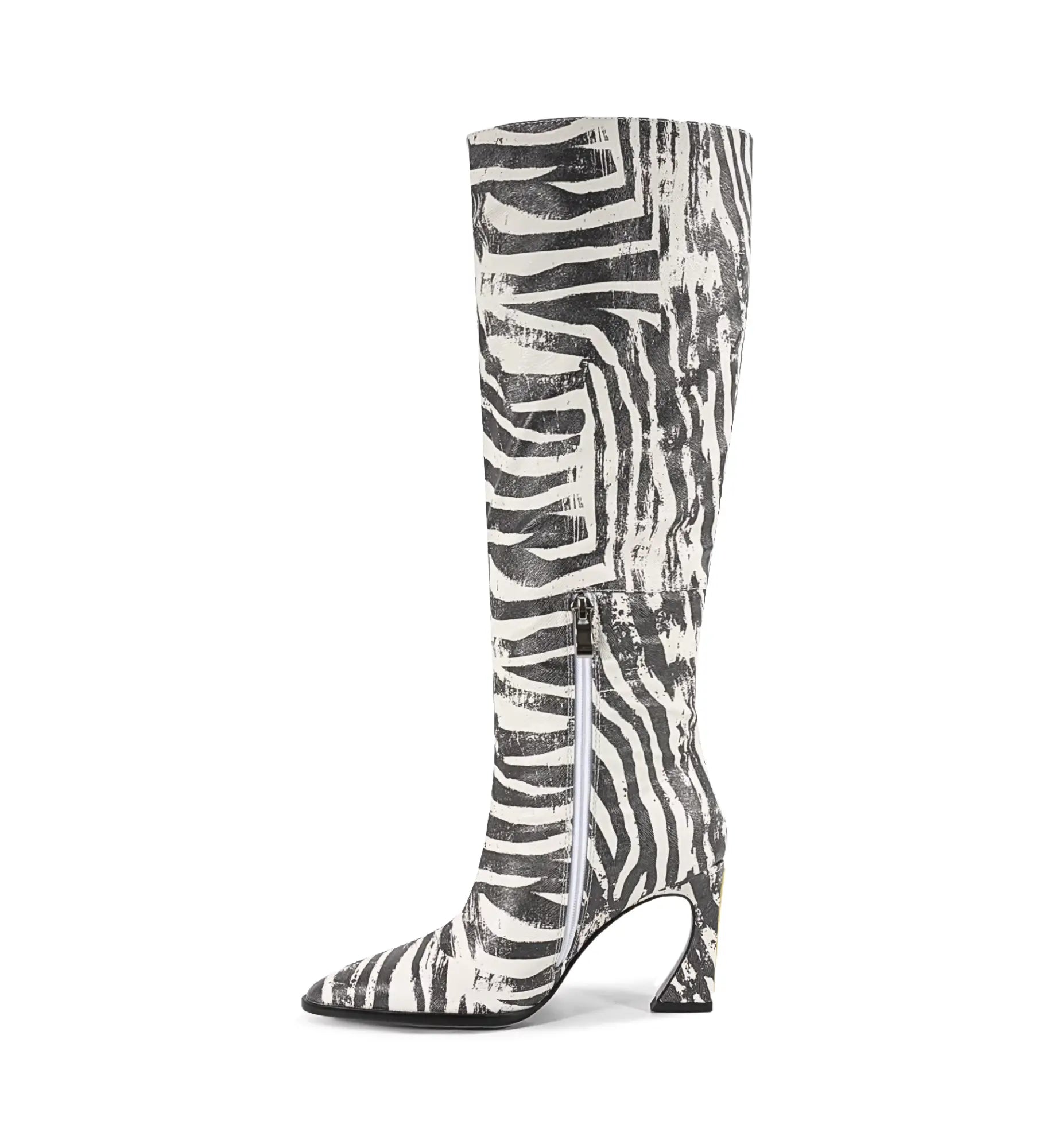 Zebra print knee-high boot on a white background