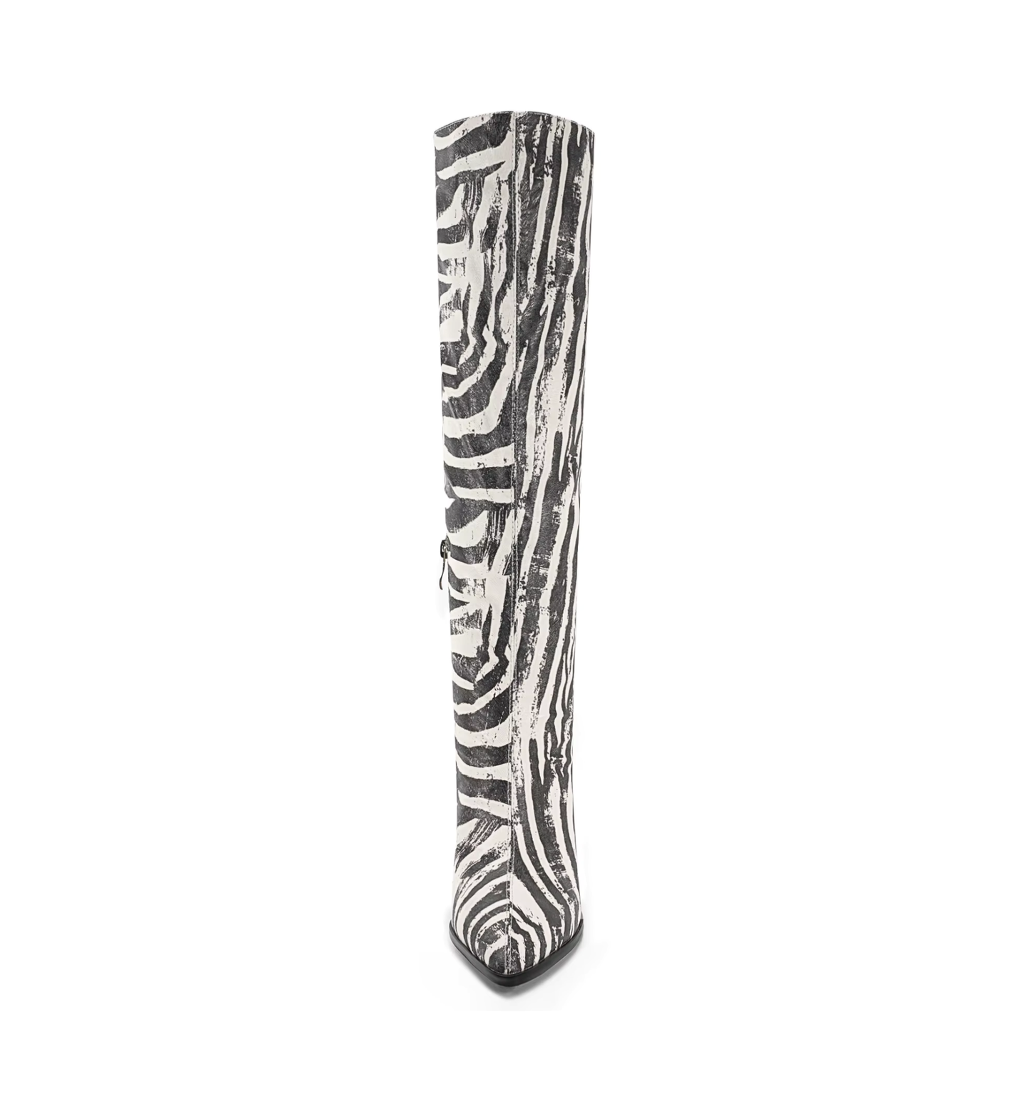 Zebra print knee-high boot on a white background