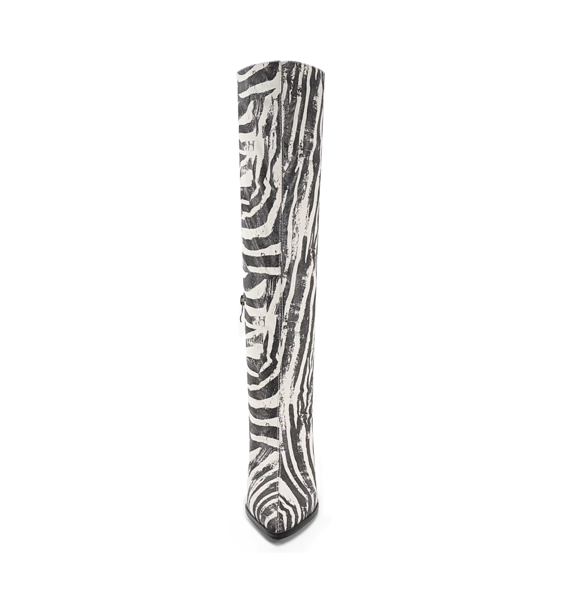 Zebra print knee-high boot on a white background