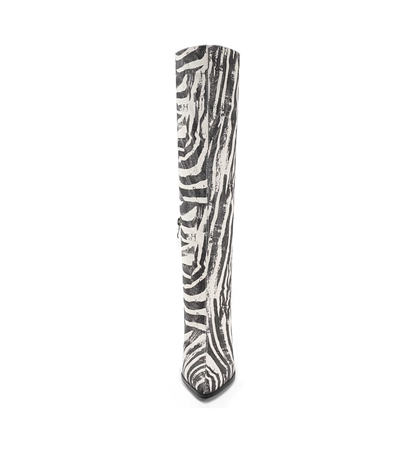 Zebra print knee-high boot on a white background