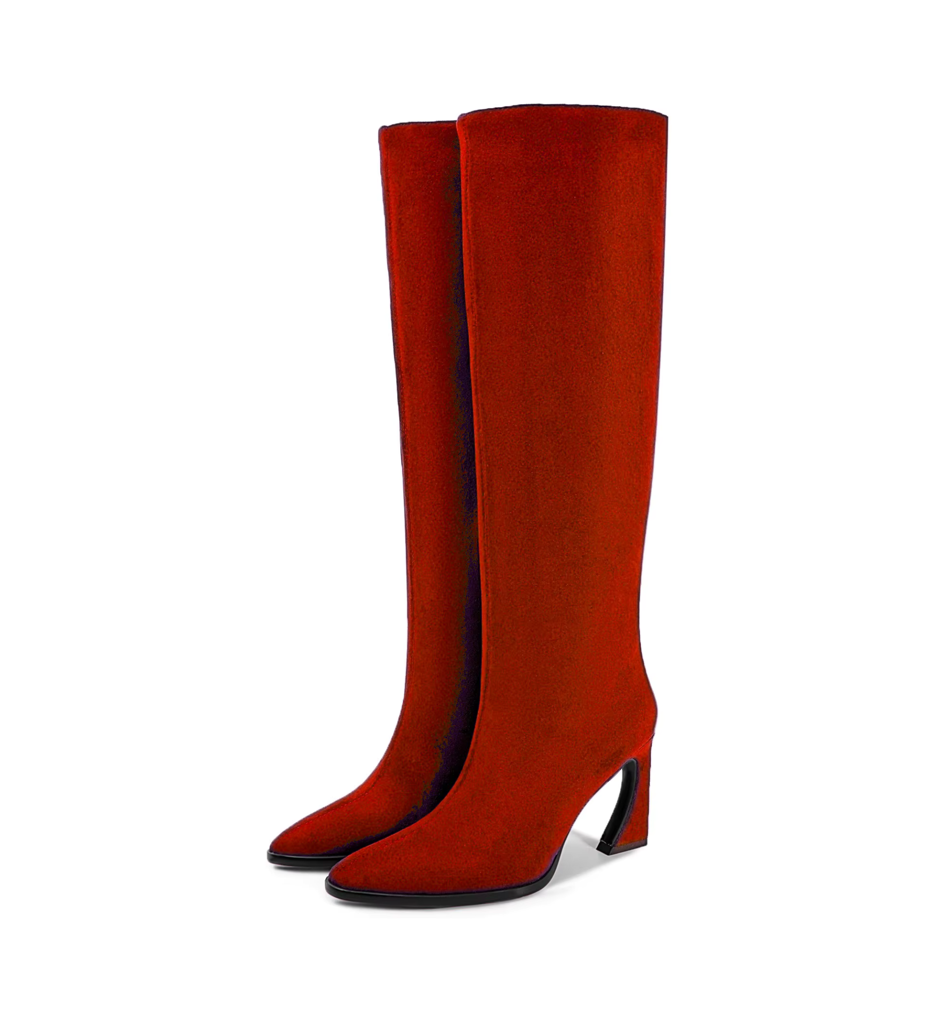Pair of red knee-high boots on a white background