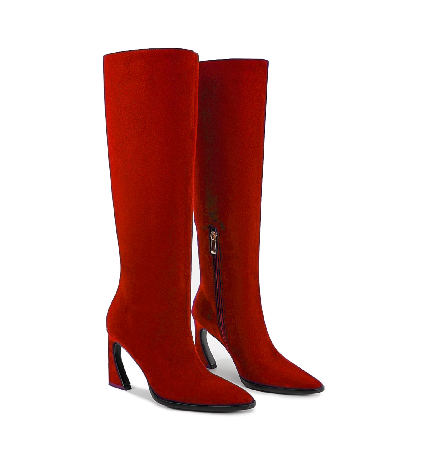 Red knee-high boots with a zipper on a white background