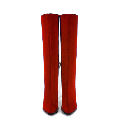 Red knee-high boots on a white background
