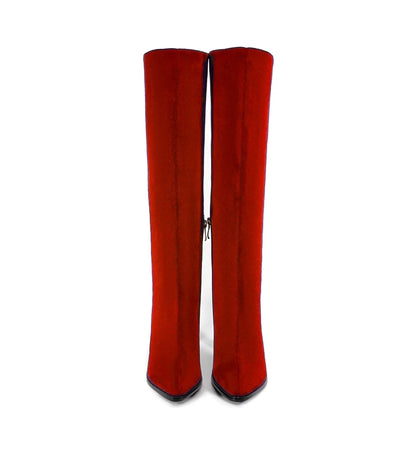 Red knee-high boots on a white background