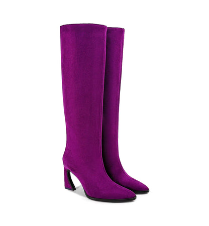 Purple knee-high boots on a white background