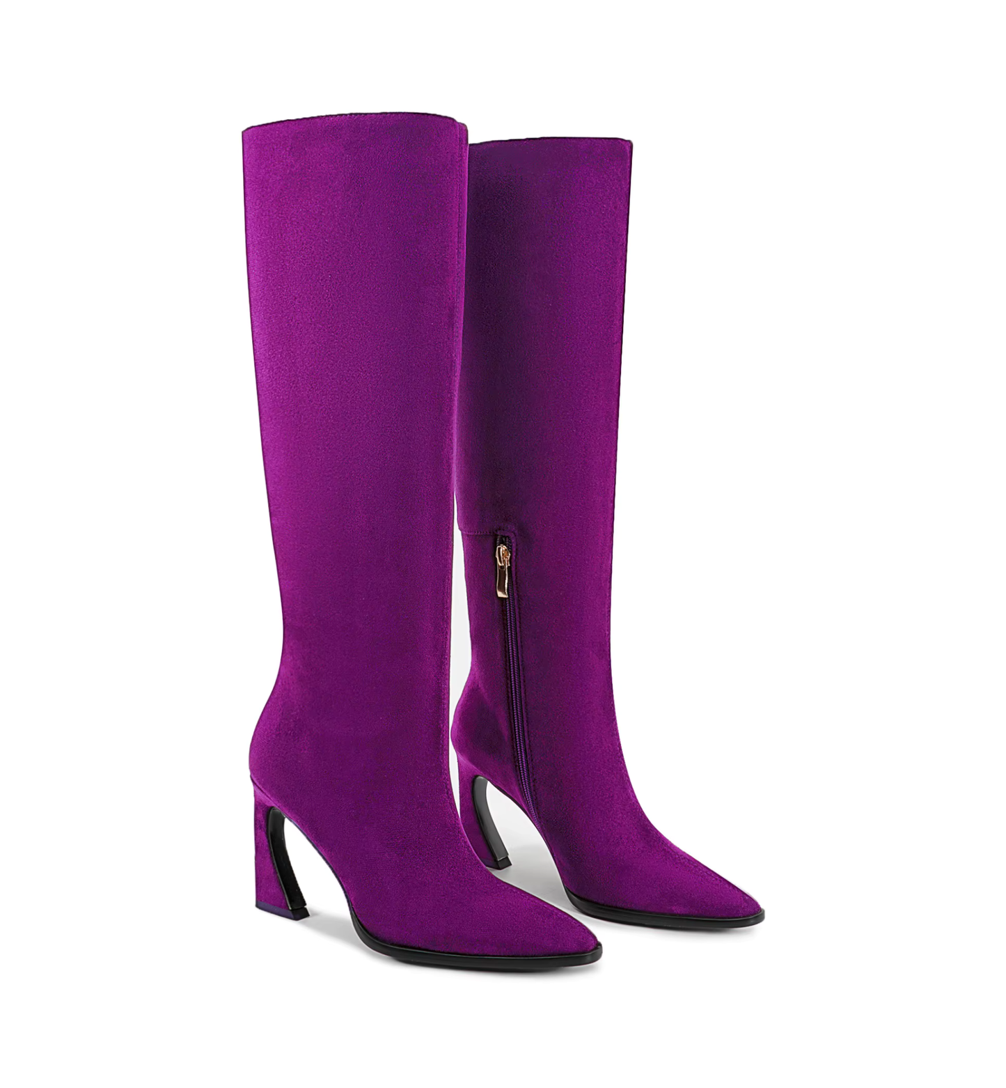 Purple knee-high boots with a zipper on a white background