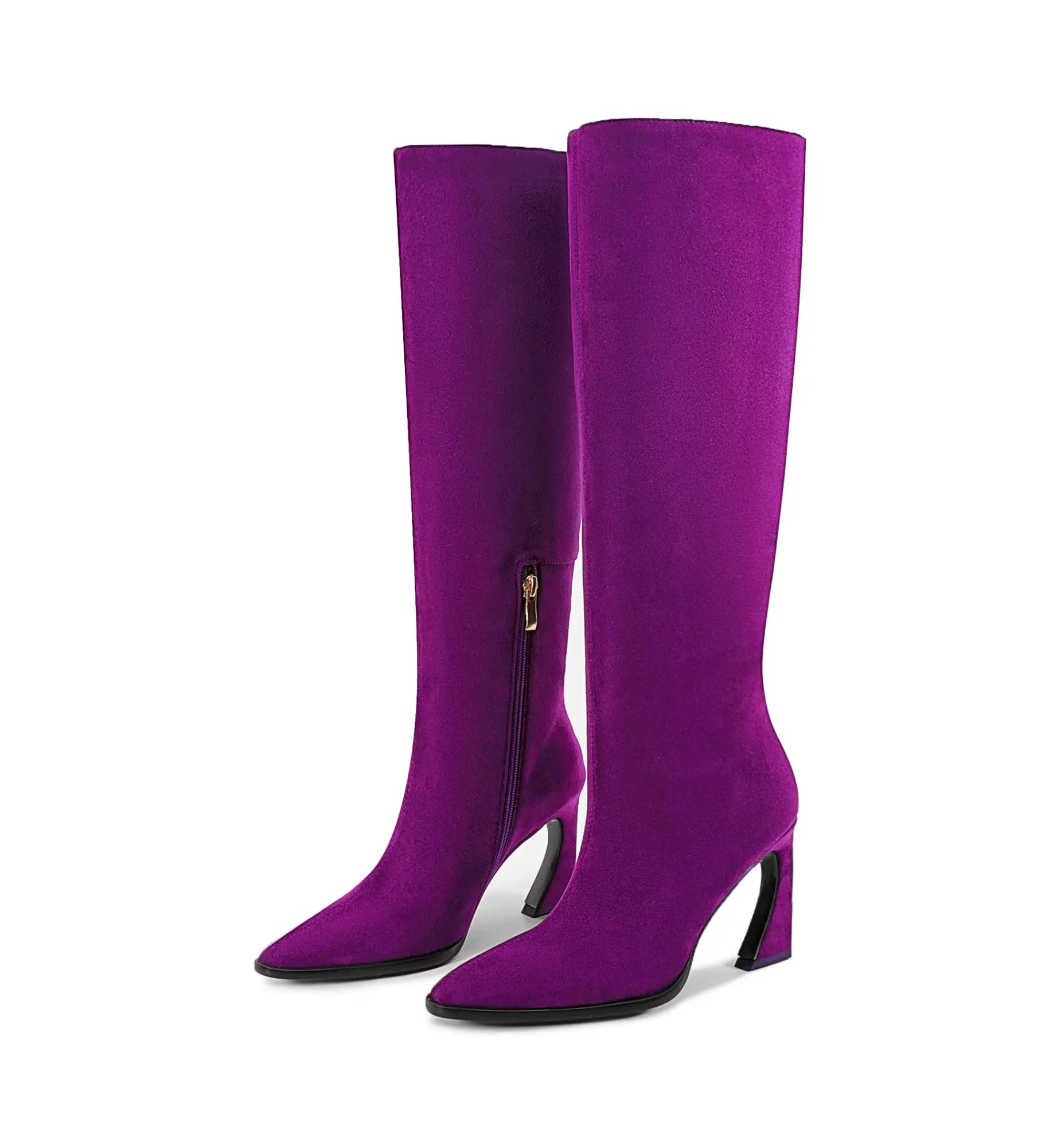 Purple knee-high boots on a white background