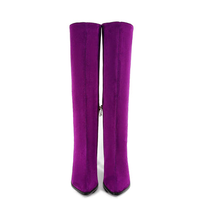 Purple knee-high boots on a white background