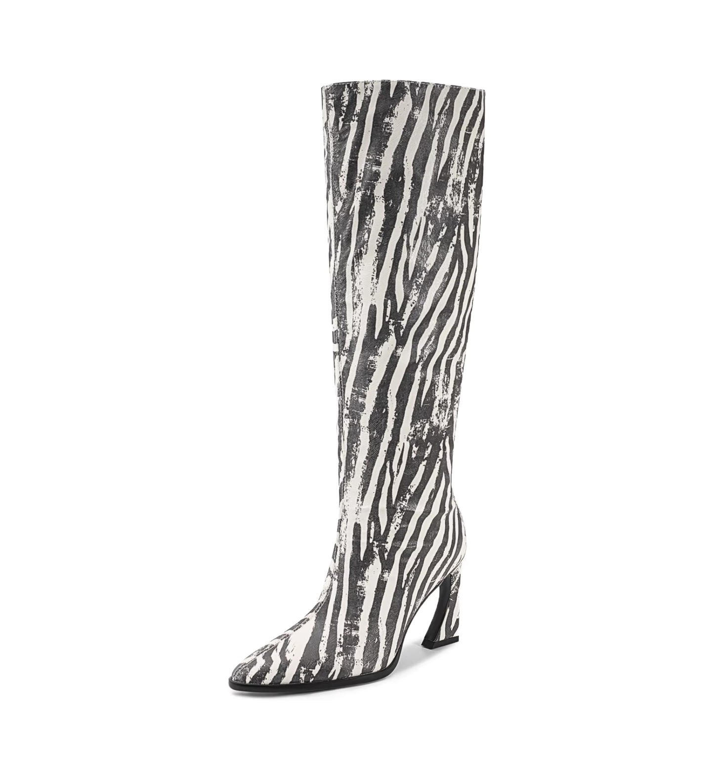 Knee-high heeled boot with a bold black and white zebra print design