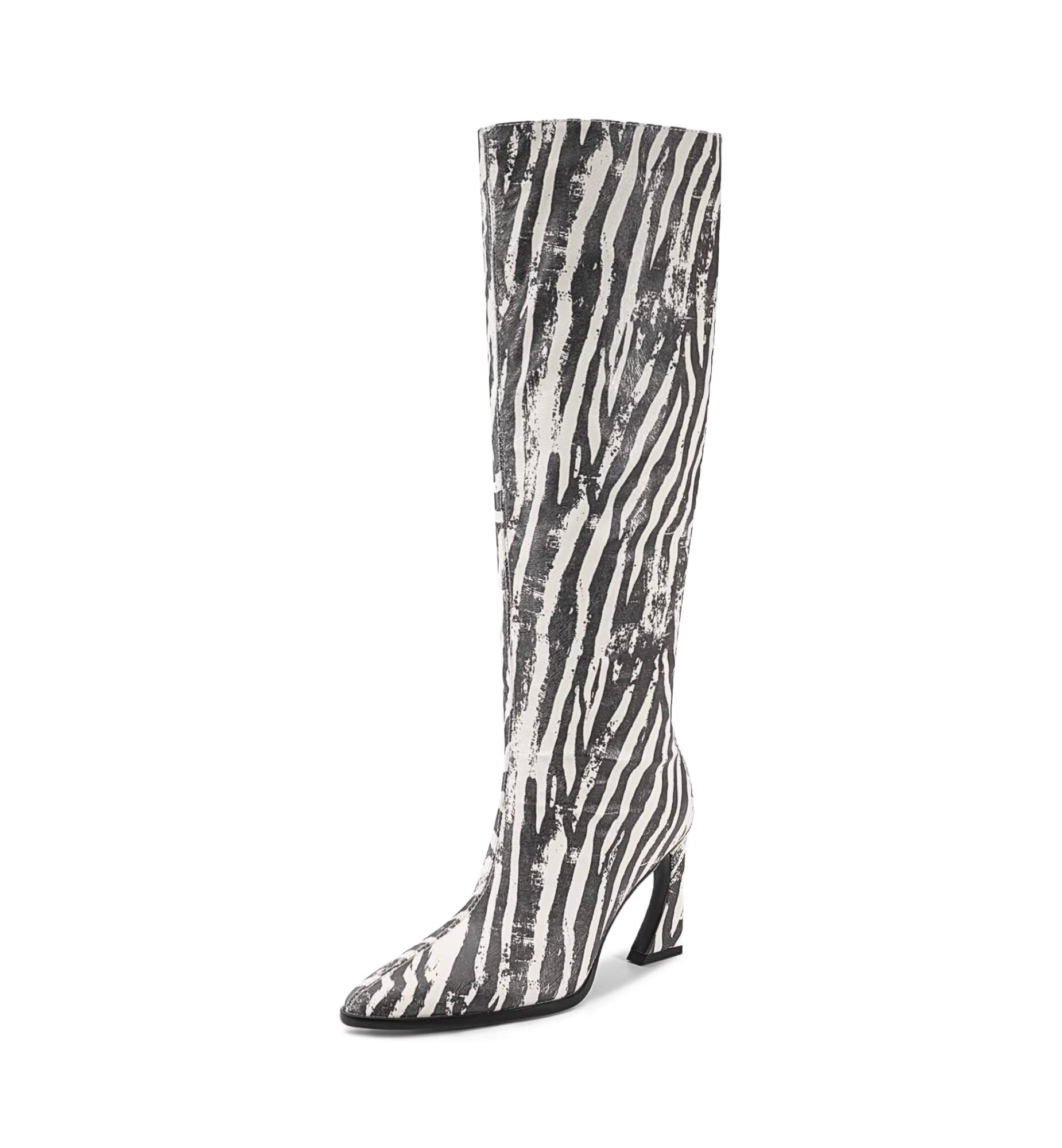 Knee-high heeled boot with a bold black and white zebra print design