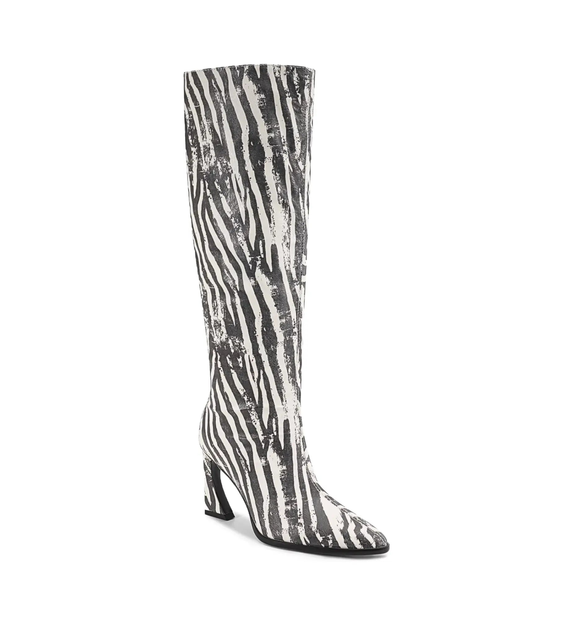 Black and white zebra-striped knee-high boot on a white background