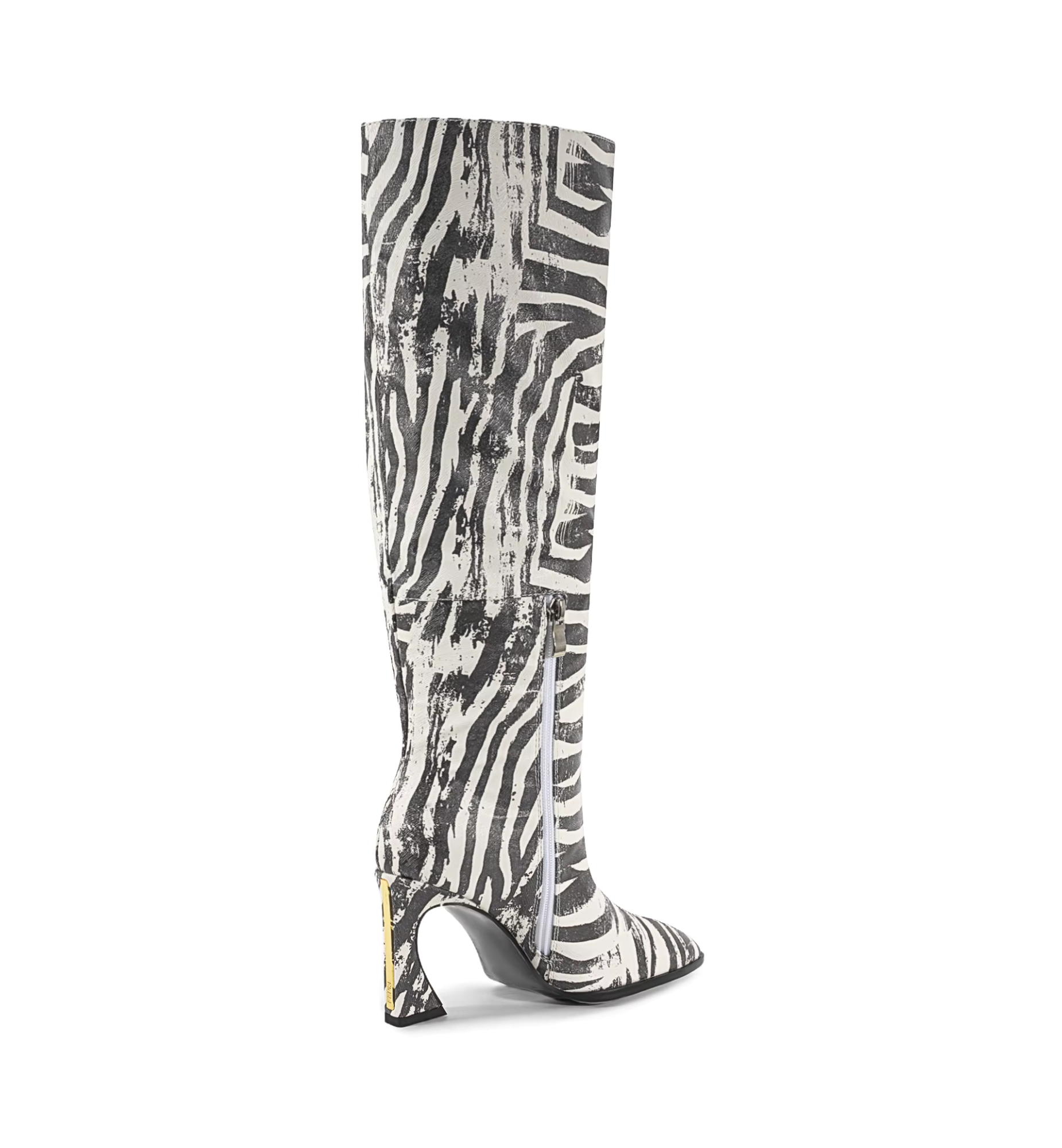 Zebra patterned knee-high boot on a white background