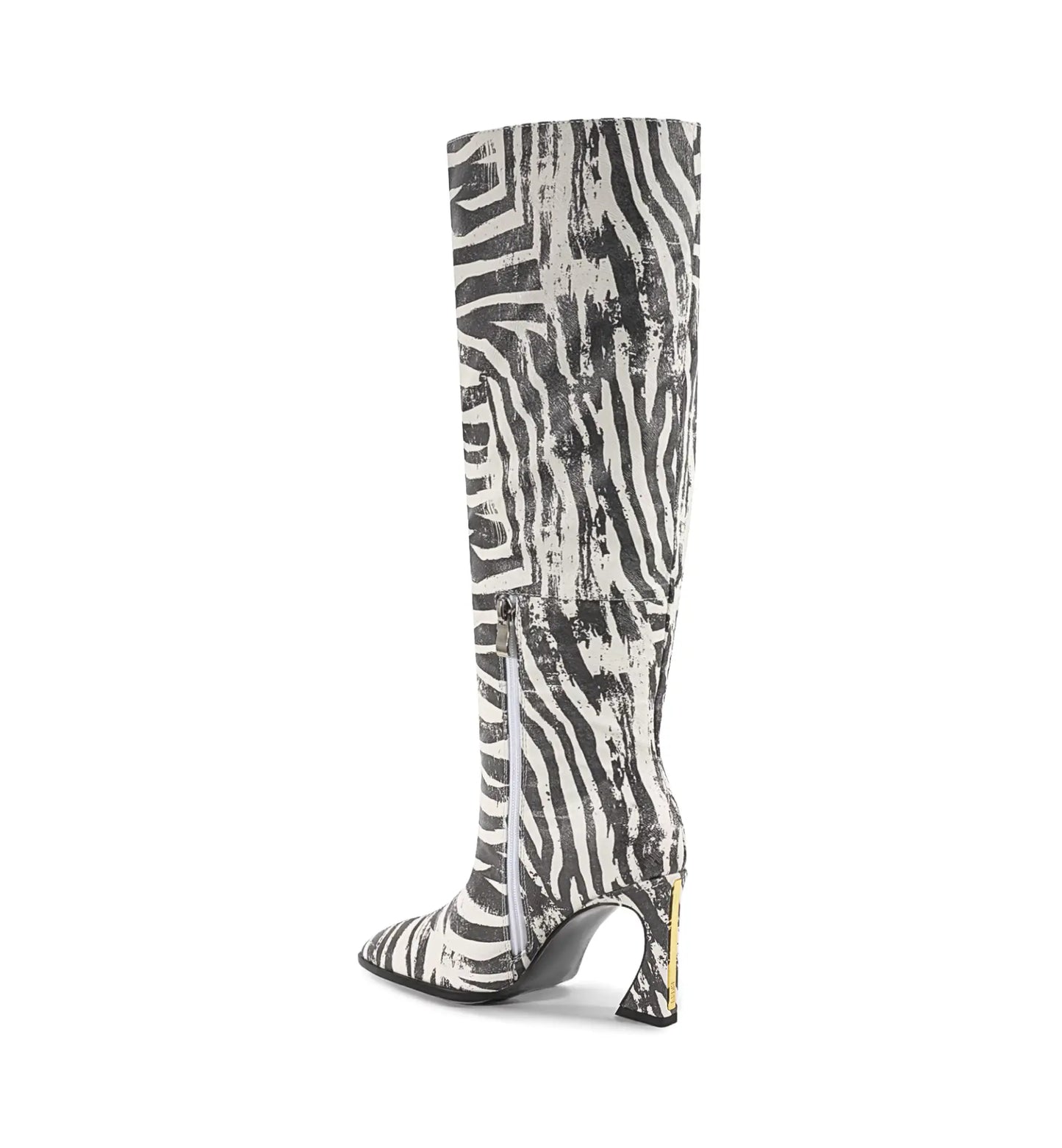 Zebra print knee-high boot on a white background