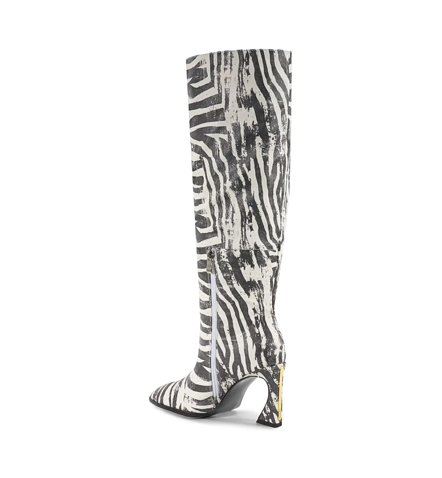 Zebra print knee-high boot on a white background
