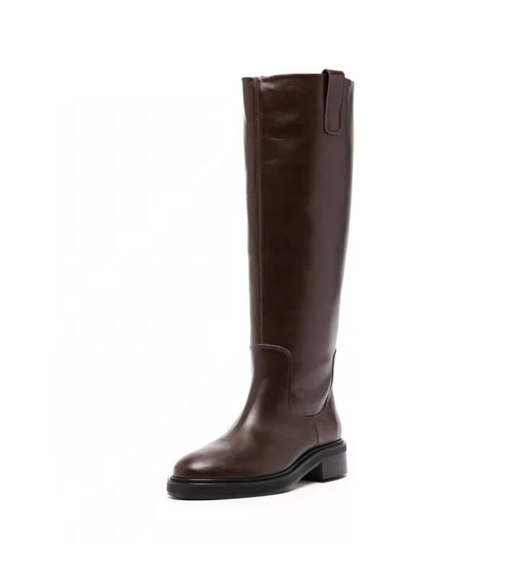 Brown knee-high boot on a white background