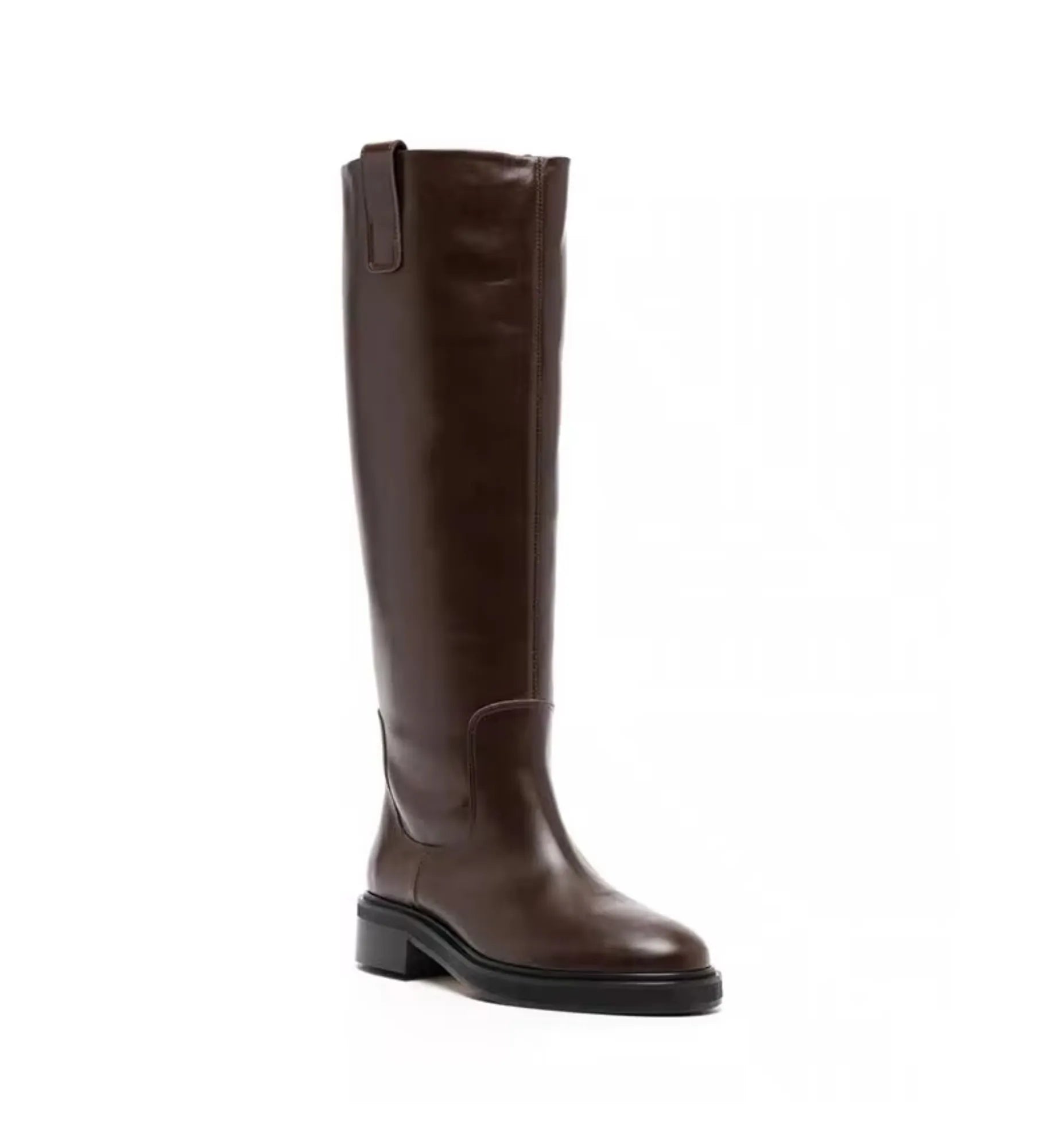 Brown knee-high boot on a white background