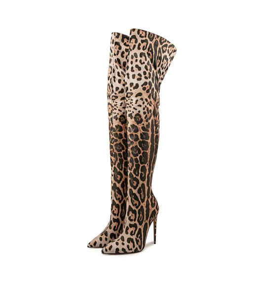 Leopard print thigh-high stiletto boots with pointed toe and sleek over-the-knee fit