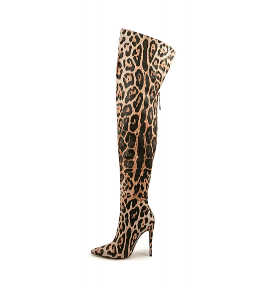 Side profile of leopard print over-the-knee stiletto boots showcasing slim high heel and stretch design.