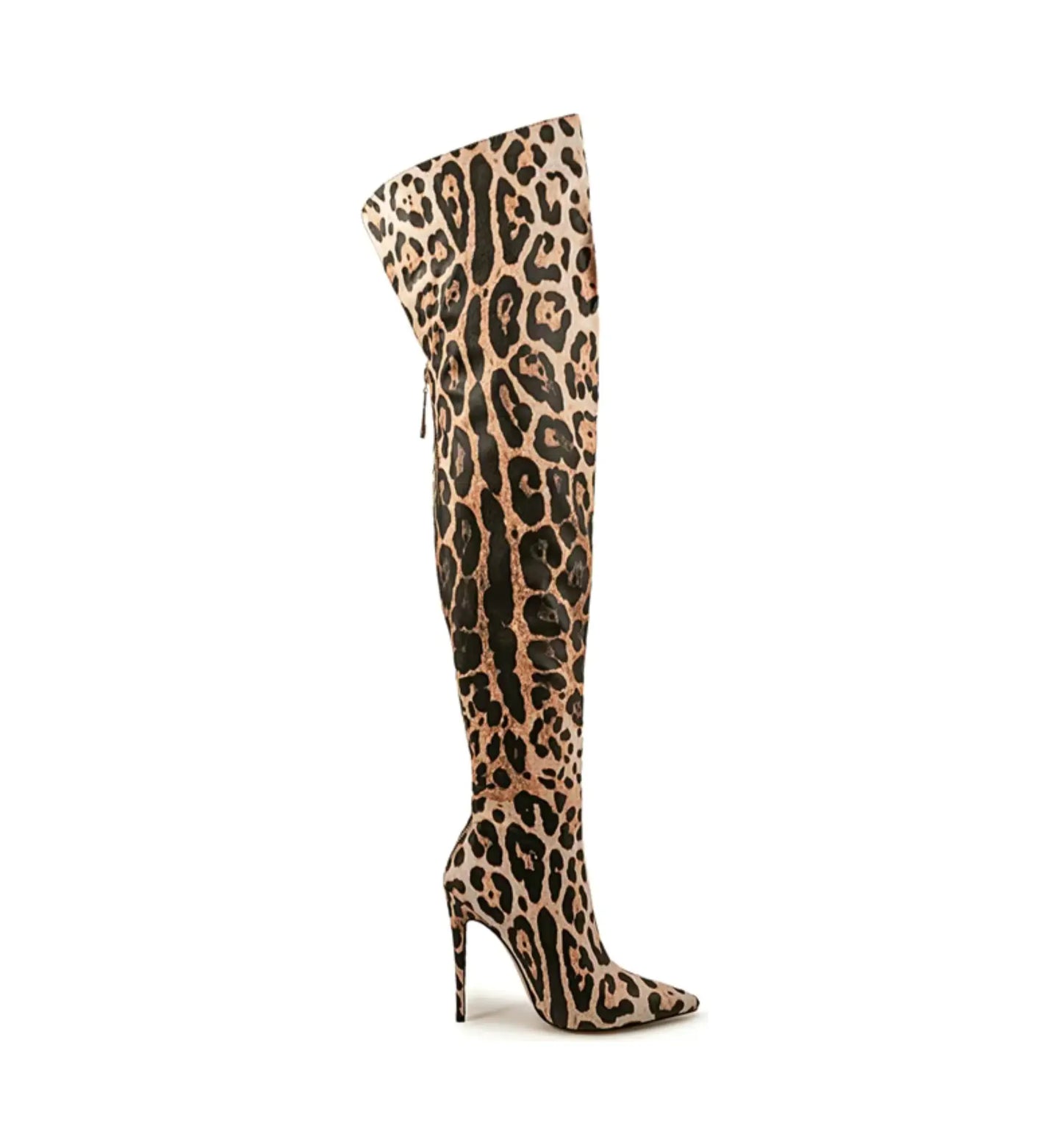 Leopard print knee-high boot on a white background