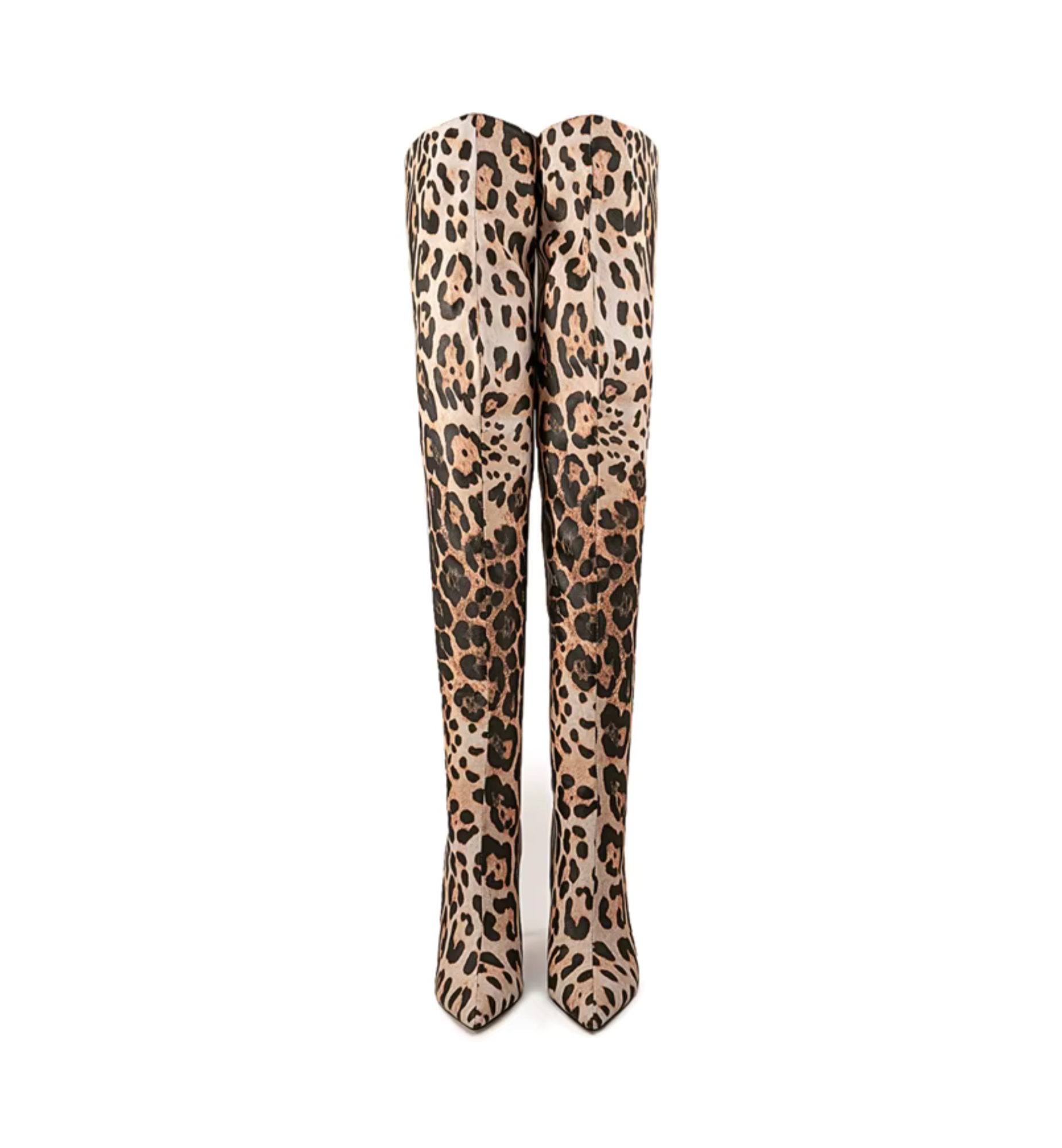 Woman wearing leopard print thigh-high stiletto boots styled with a chic outfit for an elegant statement look.