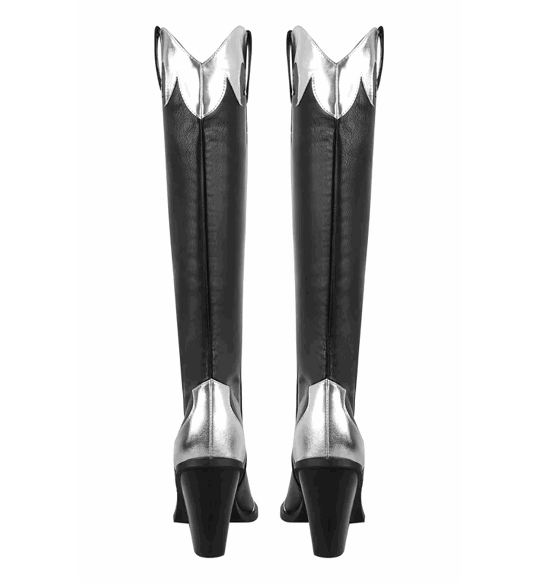 Black knee-high boots with silver metallic tops on a white background
