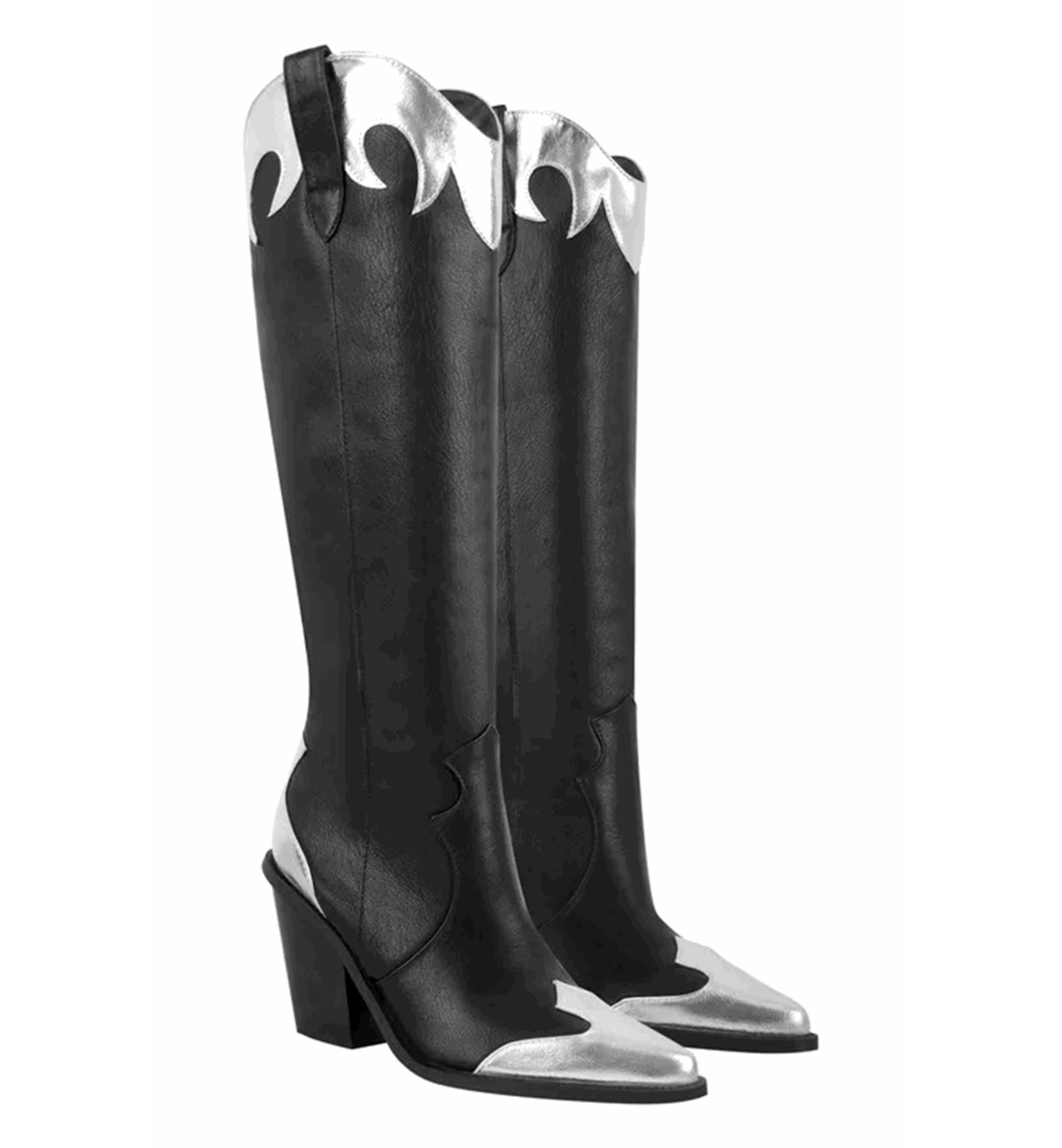 Black knee-high boots with silver accents on a white background