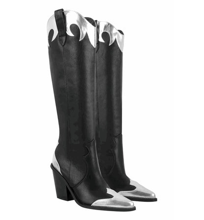 Black knee-high boots with silver accents on a white background