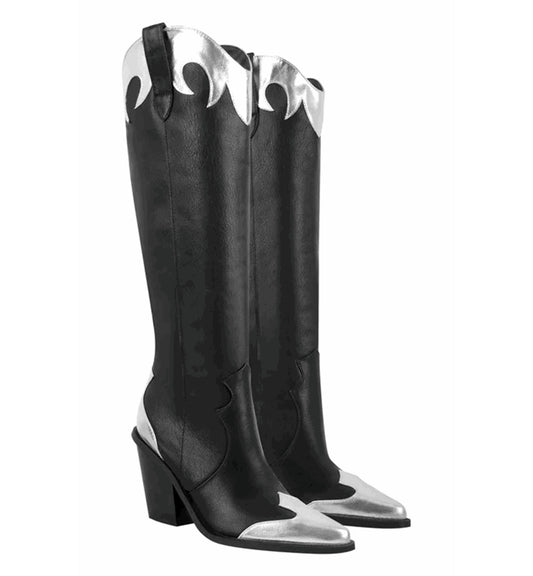 Black knee-high boots with silver accents on a white background