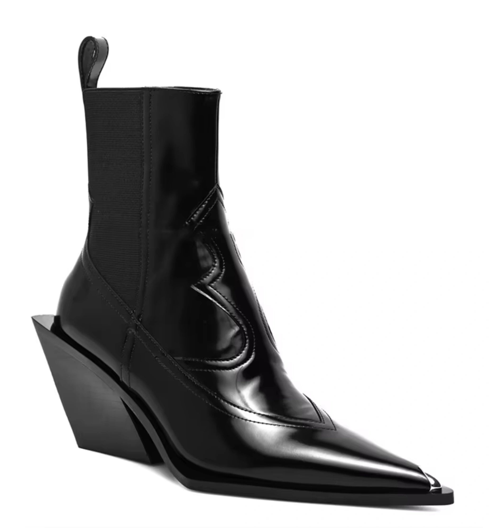 Black leather ankle boot with wedge heel on a white background