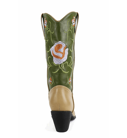 Green cowboy boot with floral embroidery on a white background