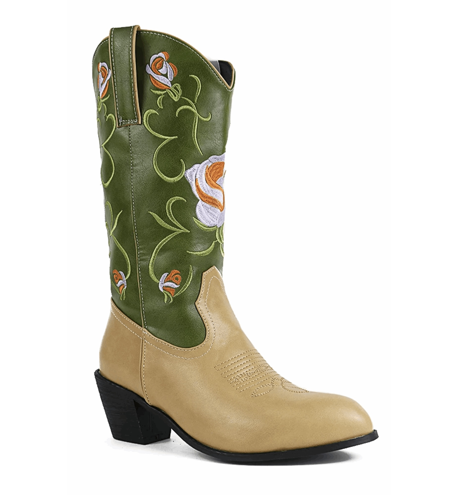 Green and beige cowboy boot with floral embroidery on a white background