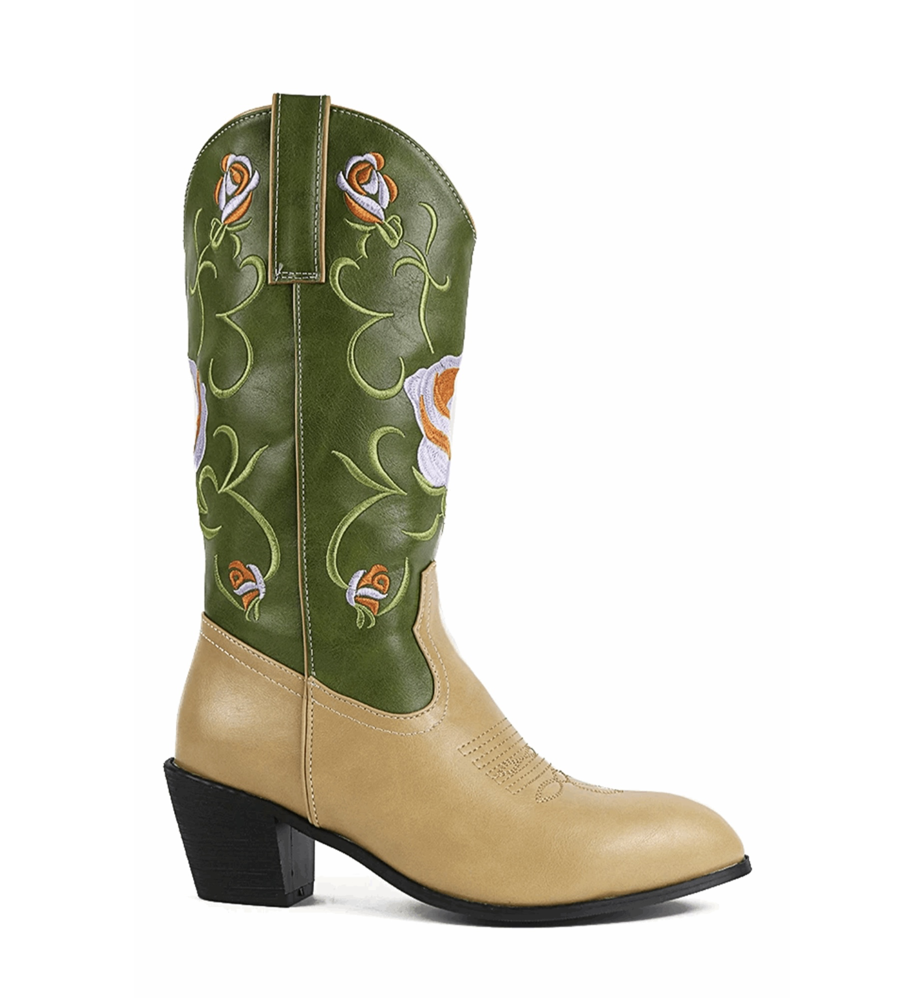 Green and beige cowboy boot with floral embroidery on a white background