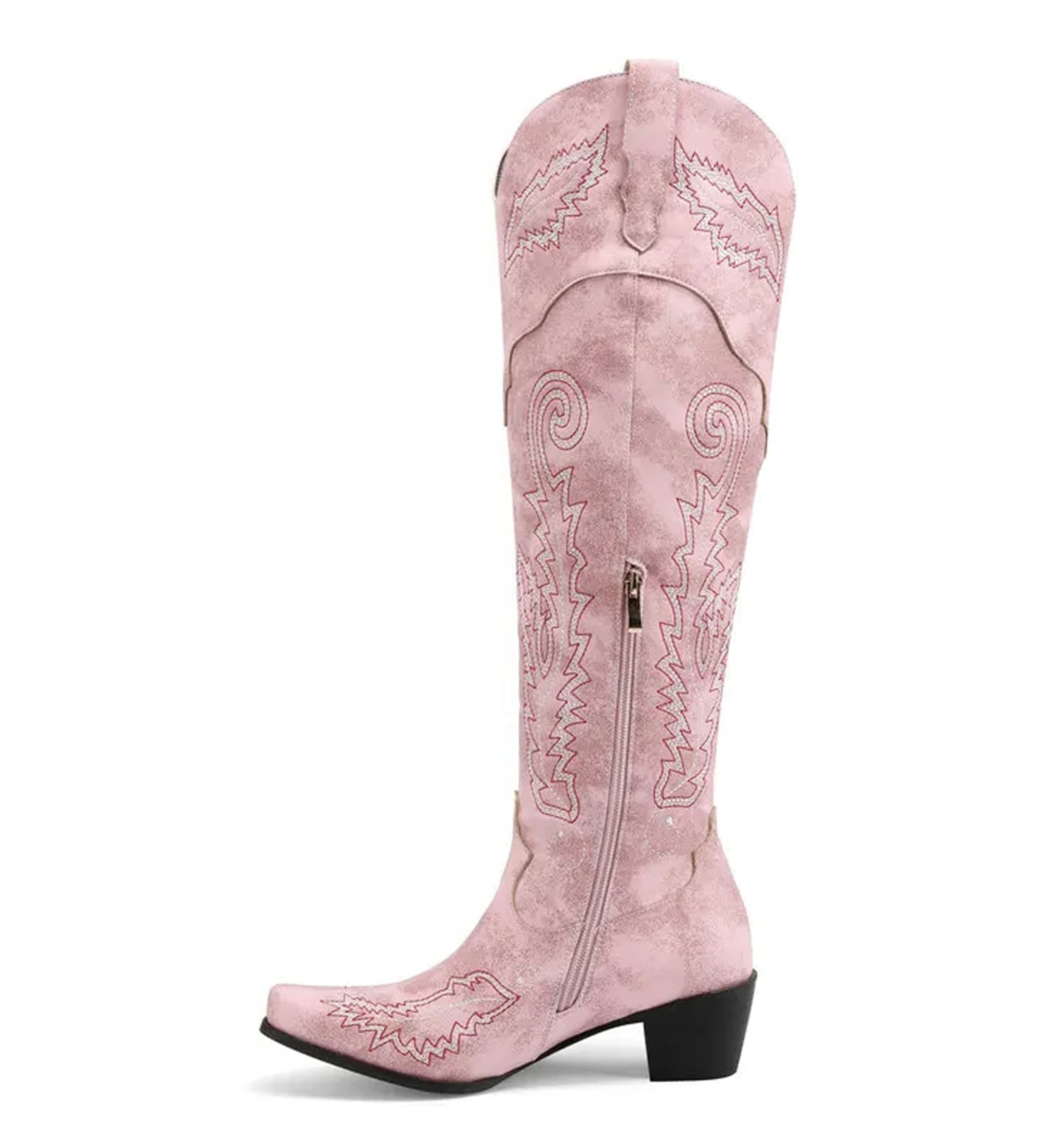 Pink cowboy boot with intricate designs on a white background