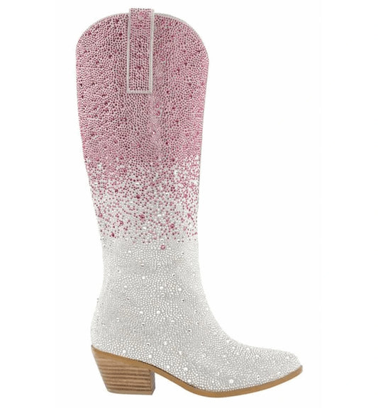 Pink and white cowboy boot with rhinestone embellishments on a white background