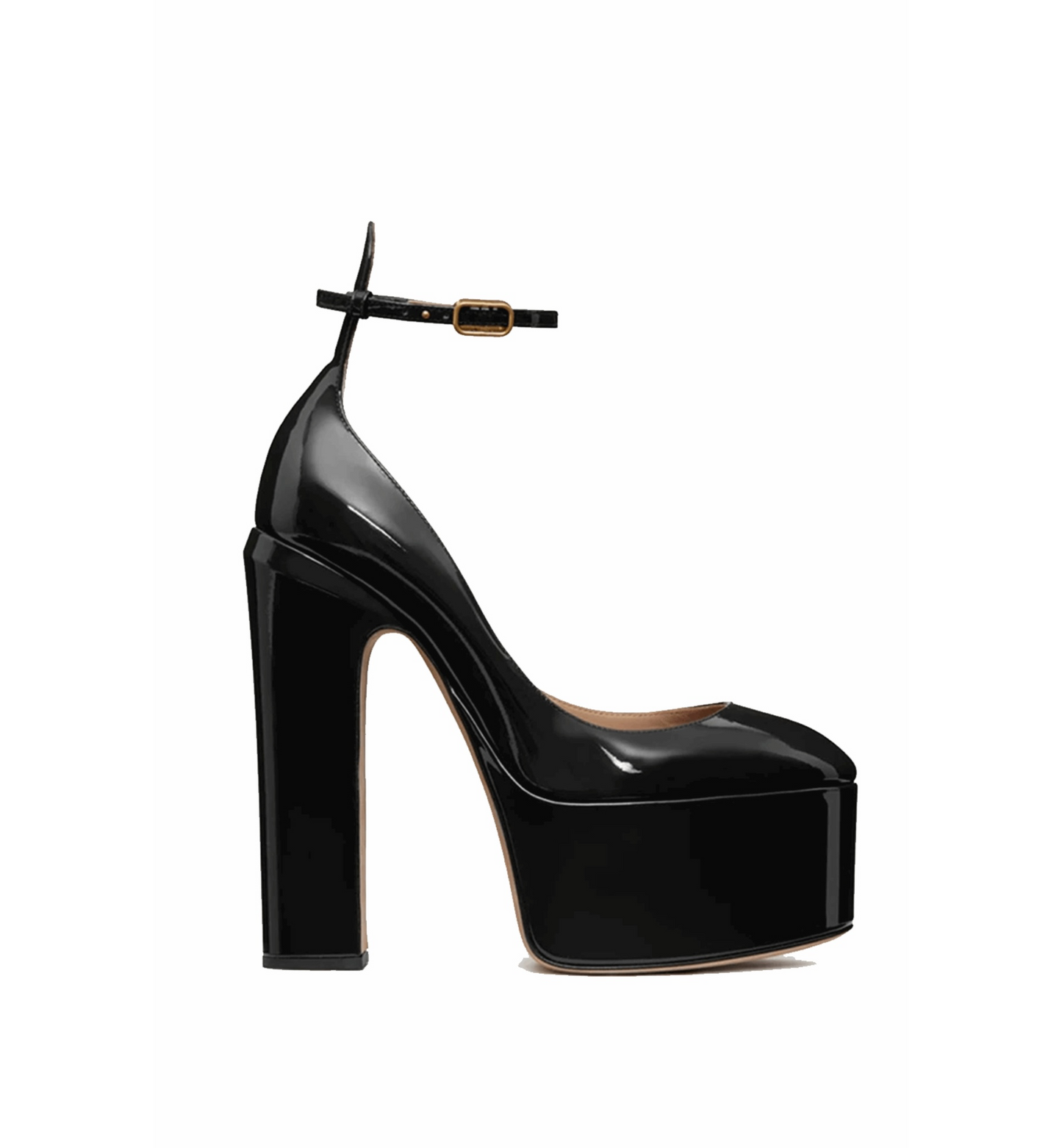 Black high-heeled platform shoe on a white background