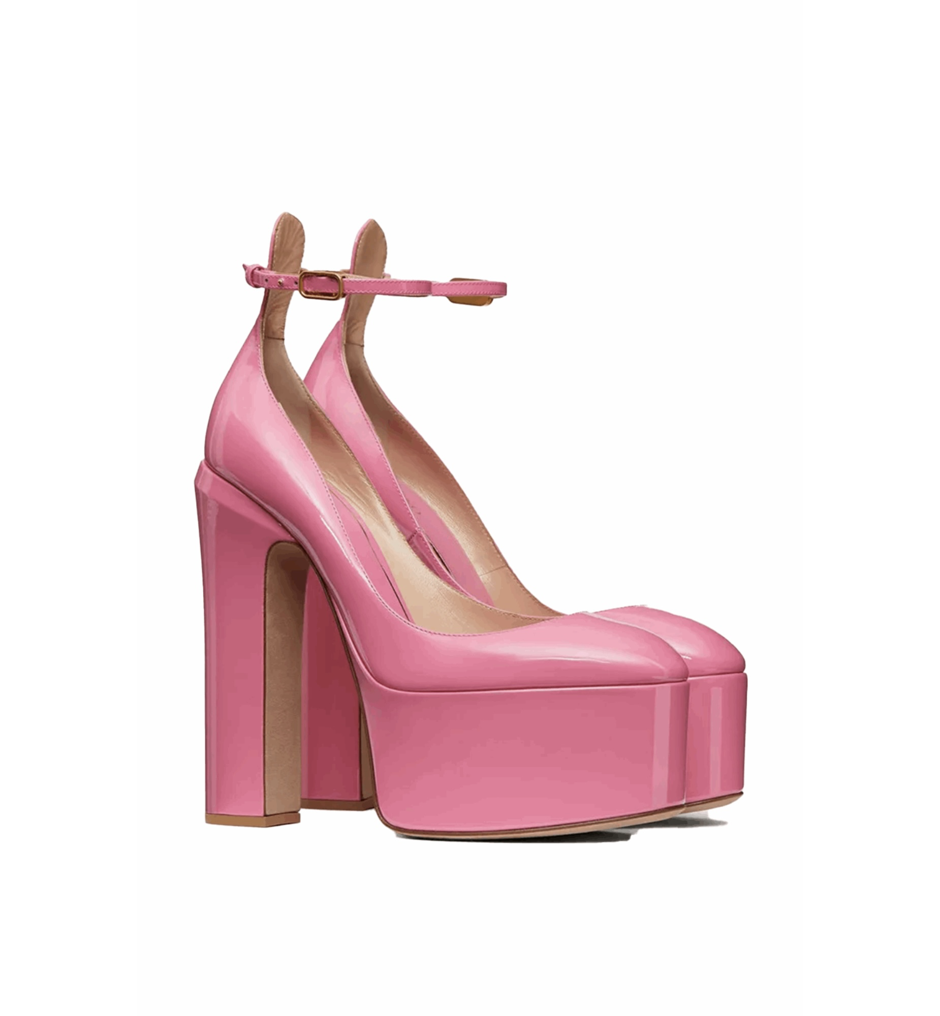 Pink platform high-heeled shoes on a white background
