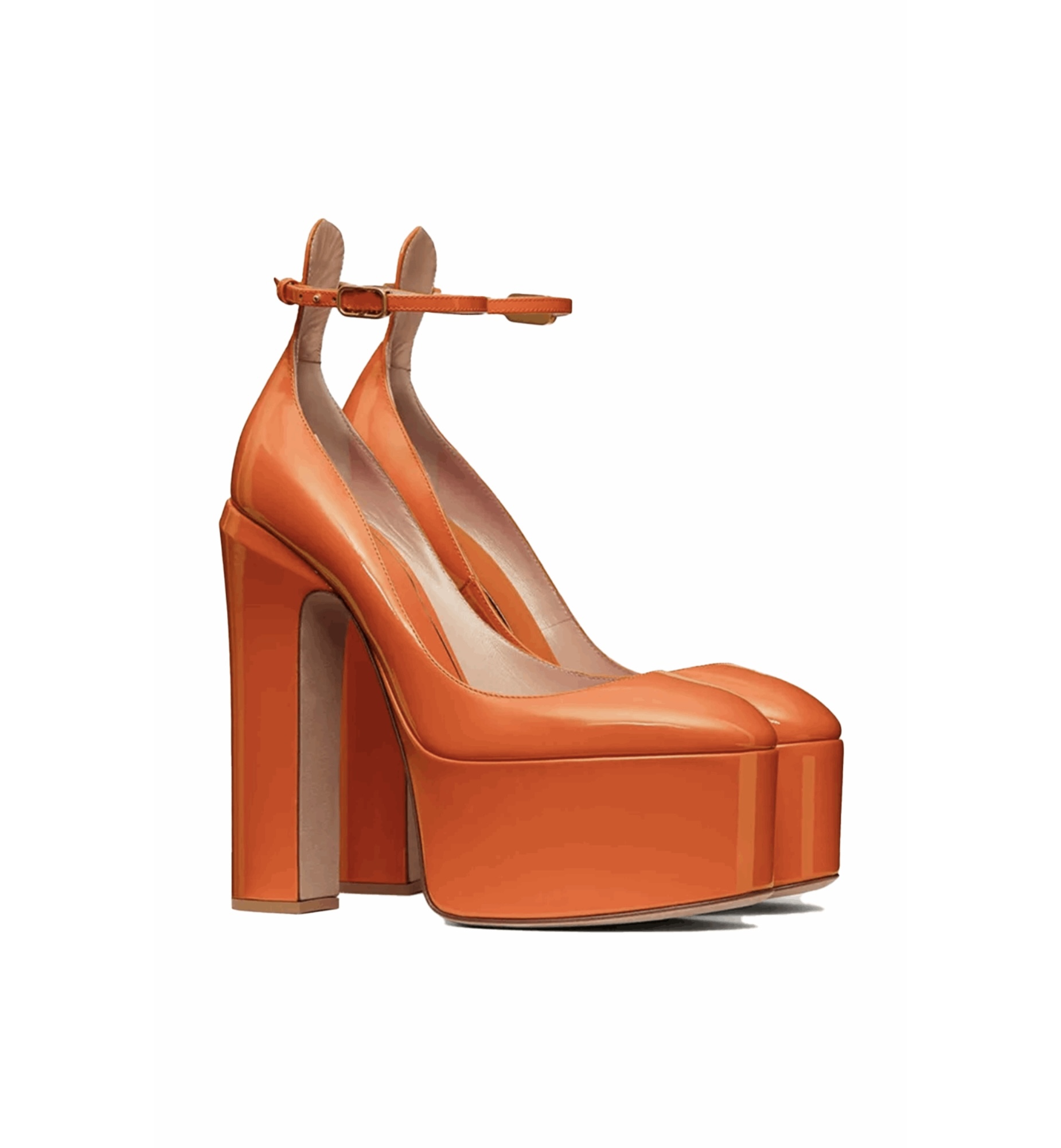 Orange high-heeled platform shoe on a white background
