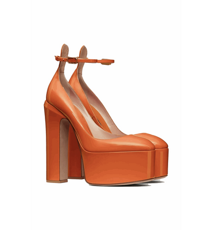 Orange high-heeled platform shoe on a white background