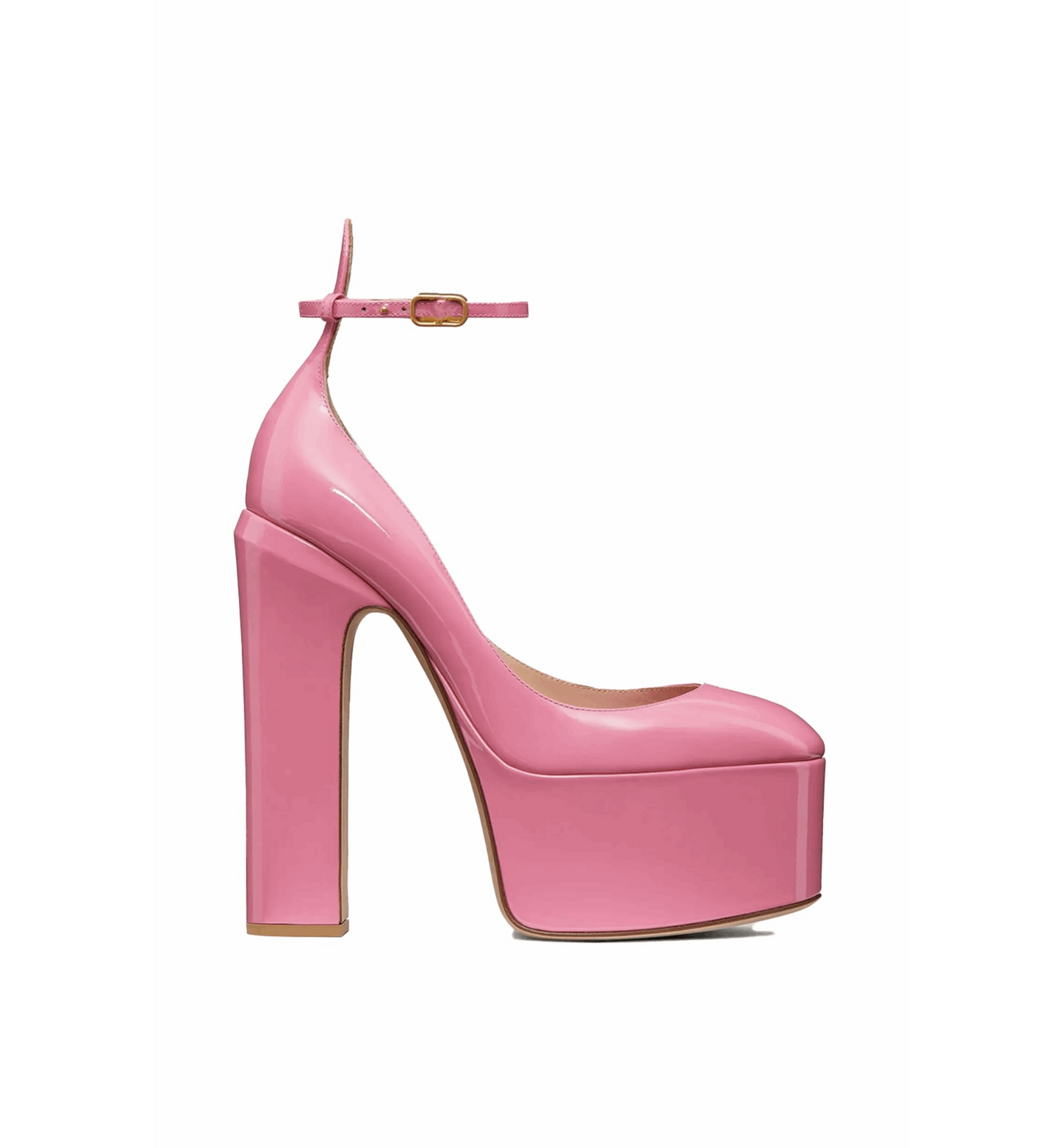 Pink high-heeled platform shoe on a white background