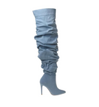 Blue knee-high boot with a high heel on a white background