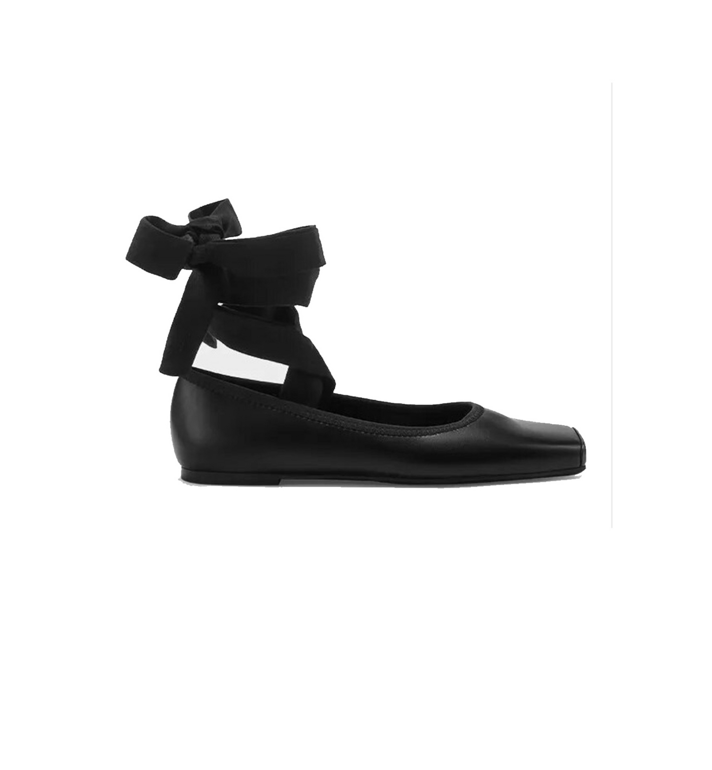 Black flat shoe with bow detail on a white background