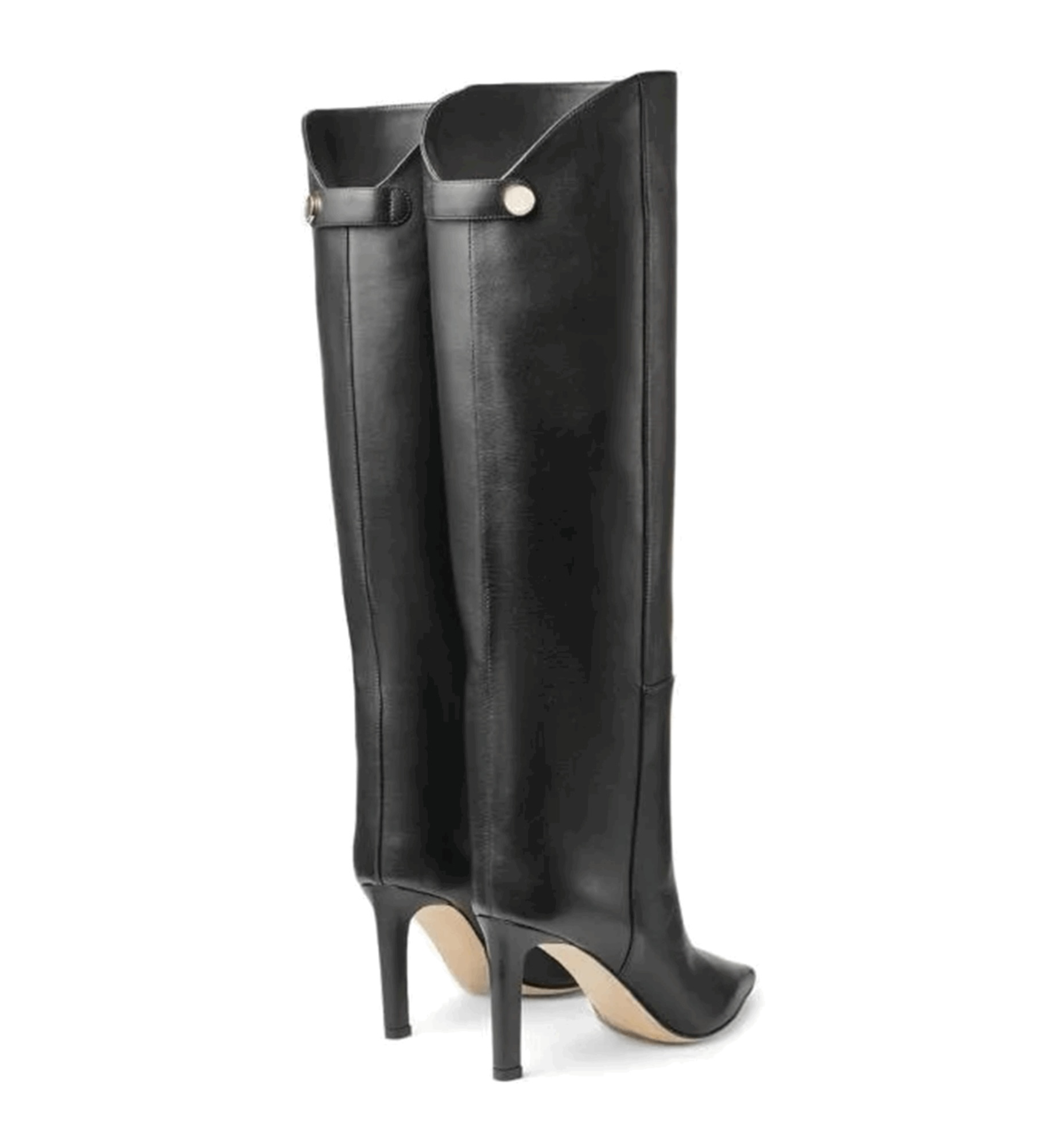 Black knee-high boots with high heels on a white background