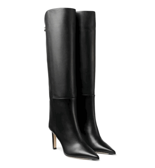 Black knee-high boots on a white background