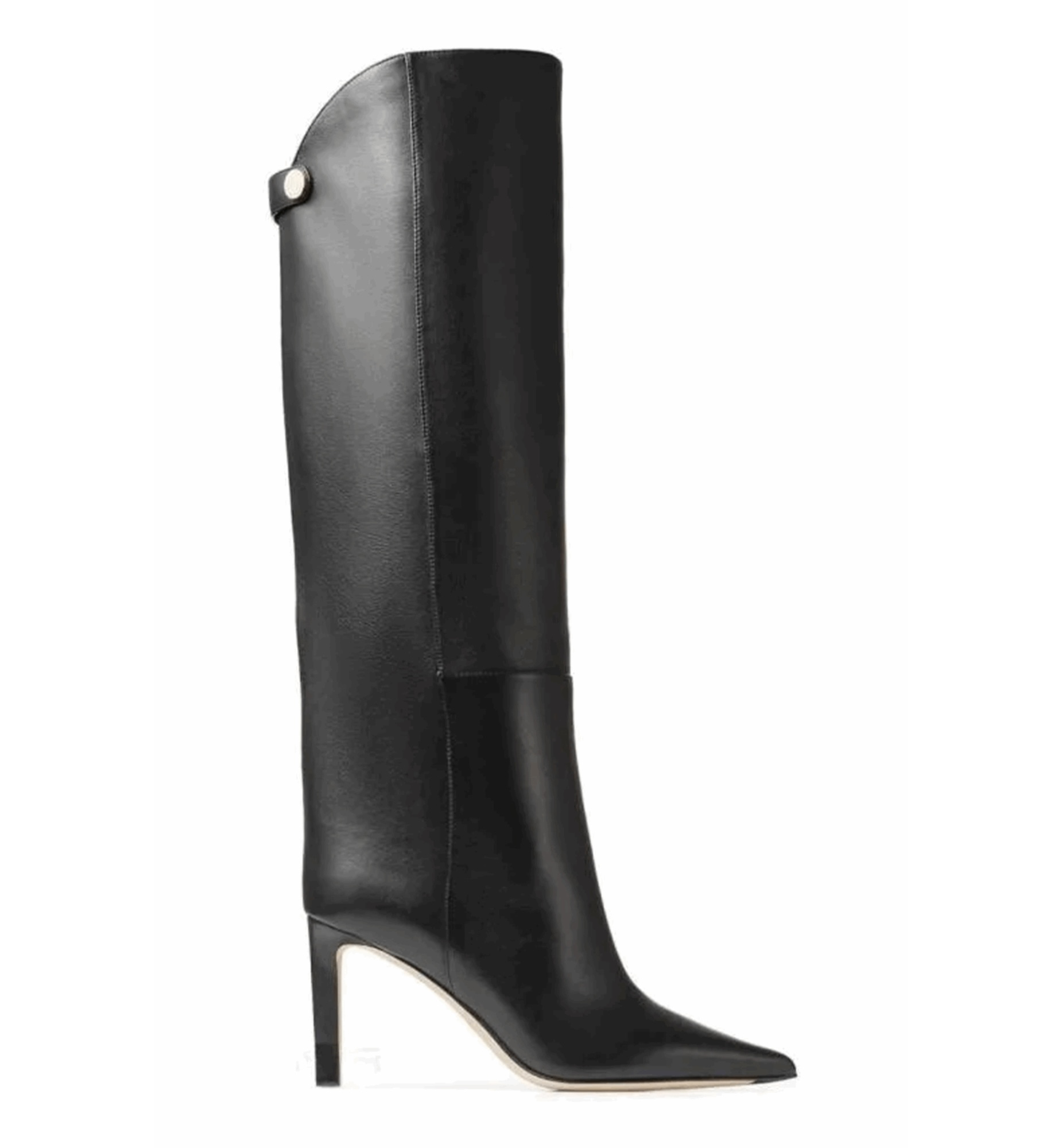 Black knee-high boot with a stiletto heel on a white background