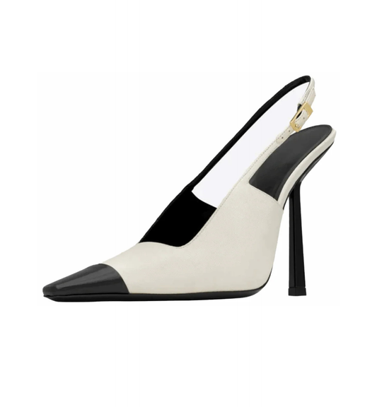 Elegant pointed toe pumps with a sleek buckle strap and smooth finish.