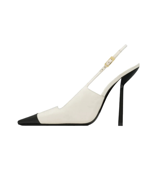 Black and white high-heeled shoe on a white background