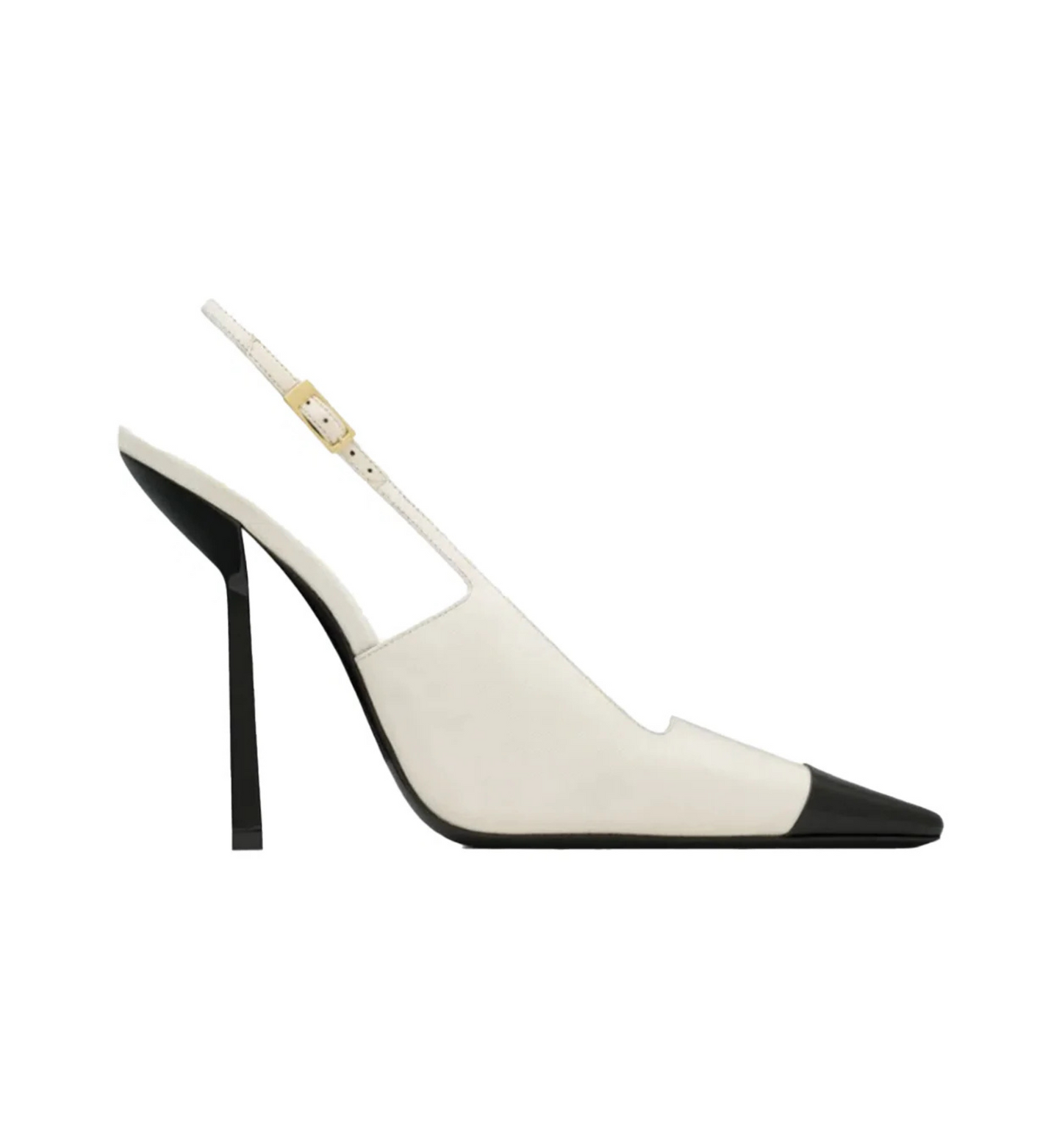 White and black high-heeled slingback shoe on a white background
