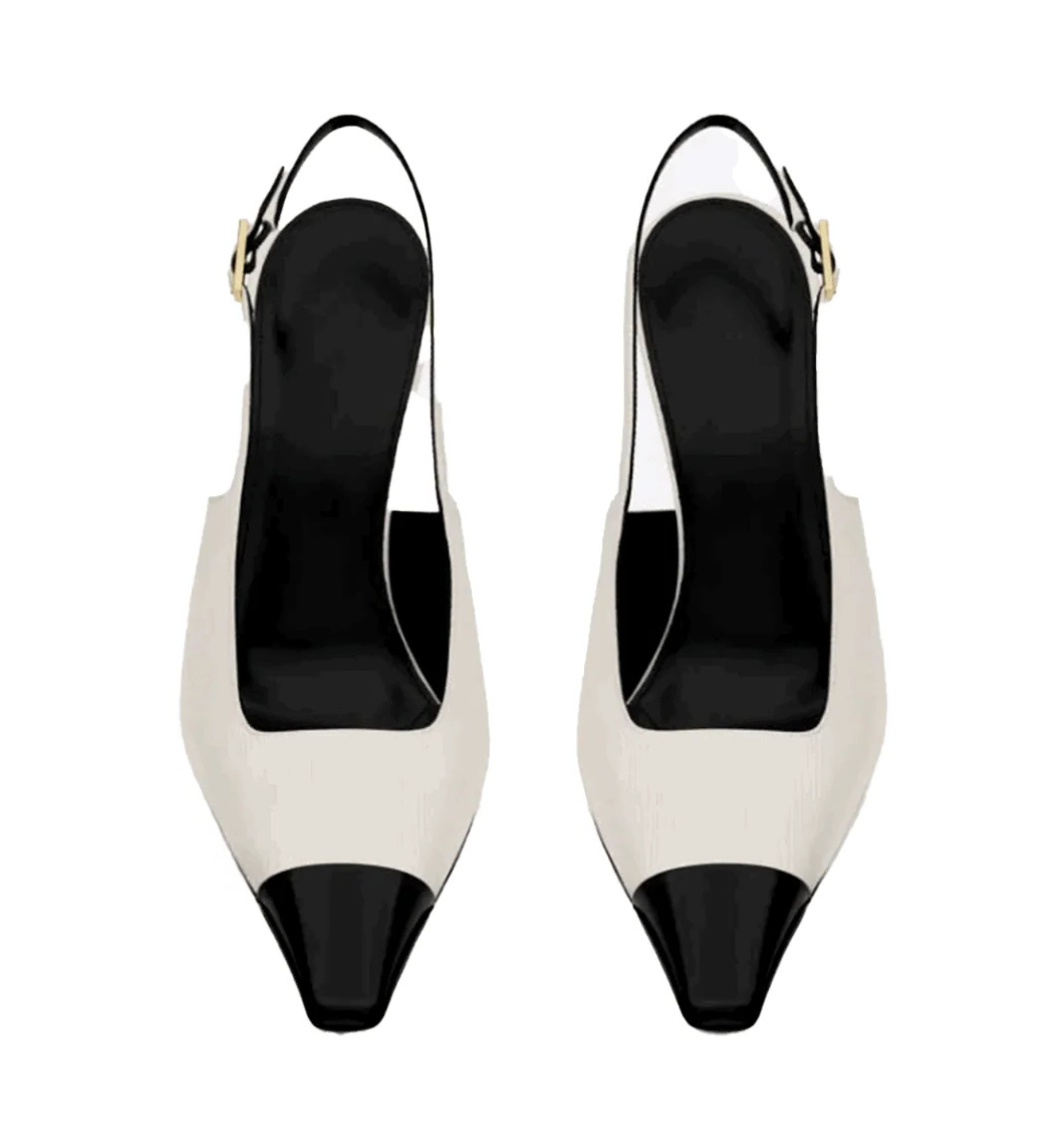 White high-heeled shoes with black toes and heels on a white background